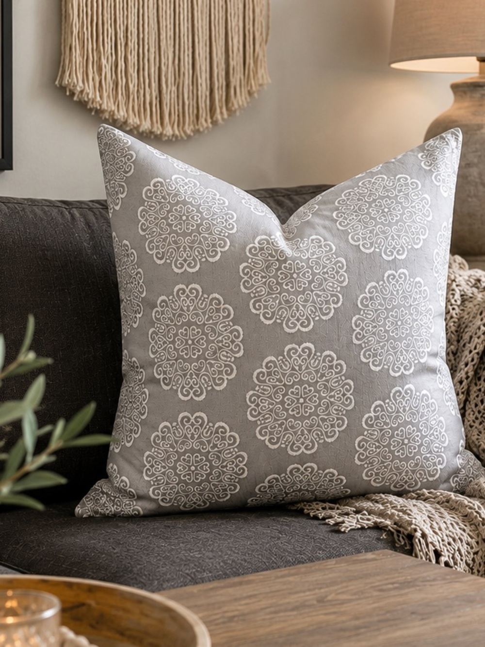 Gray Decorative Pillow with White Medallion Print
